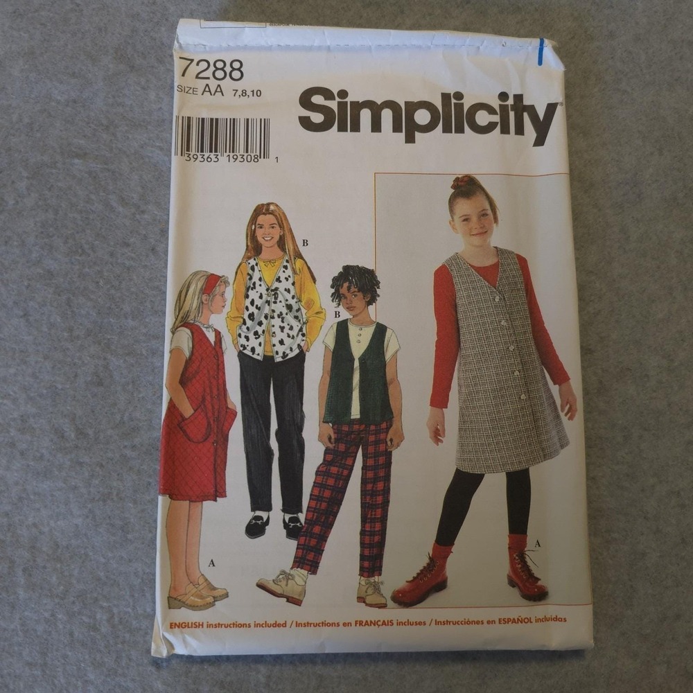 Vintage Simplicity 7288 Girls Dress & Vest Pattern Sz 7-10 UNCUT 90s Style